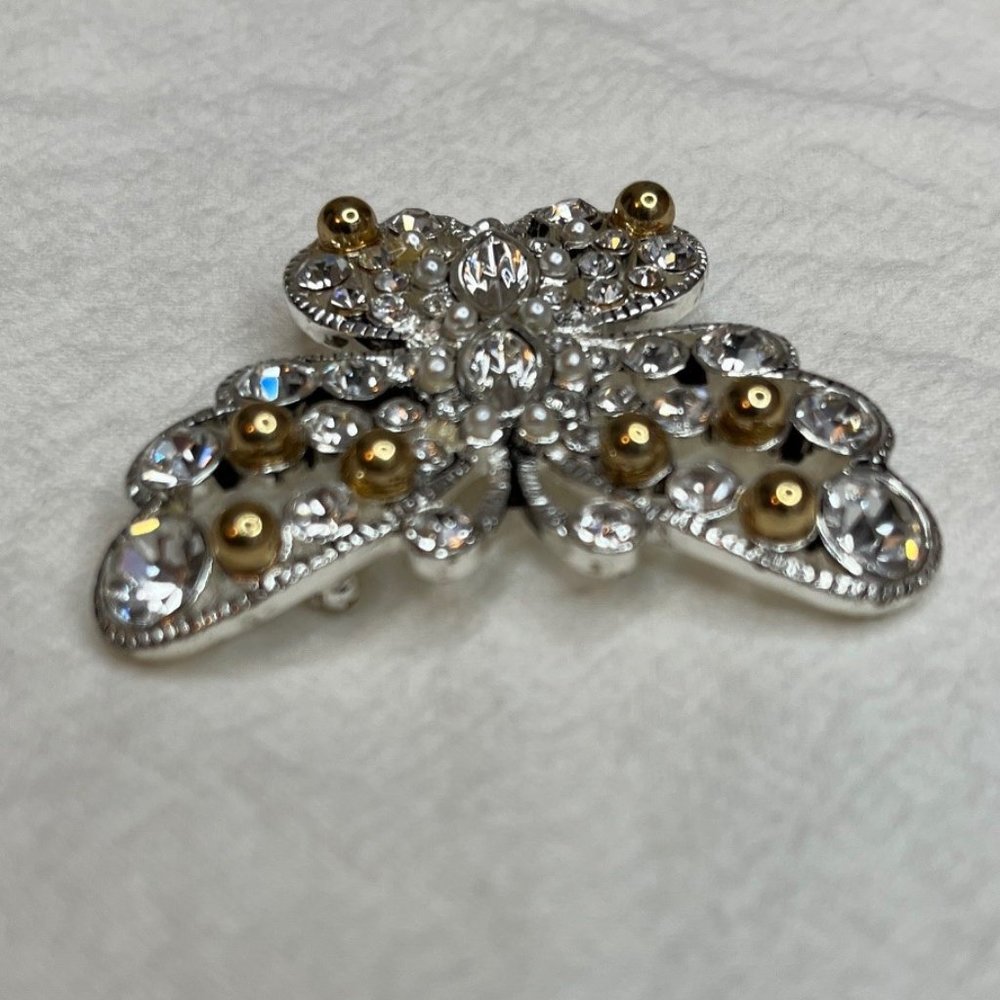 VTG Premier Designs Silver tone Butterfly Brooch with Rhinestones and Gold Beads - Picture 4 of 6